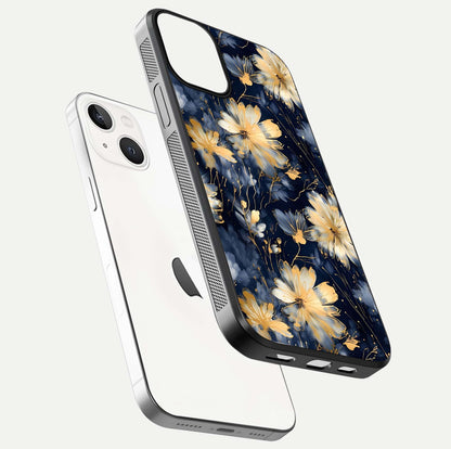 Royal Petal Dream Glass Case for iPhone 13 Mini floating dual-view mockup displaying gloss reflection and tone contrast