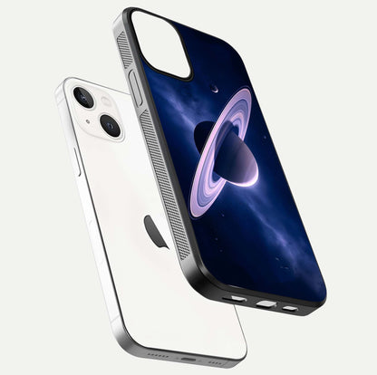 Saturn Ring Mystique Glass Case for iPhone 13 Mini floating dual-view mockup showing gloss finish and star detail