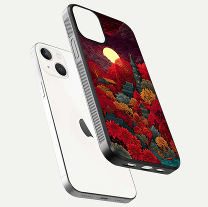 Scarlet Autumn Temple Glass Case for iPhone 13 Mini floating dual-view mockup displaying gloss shine and autumn tones