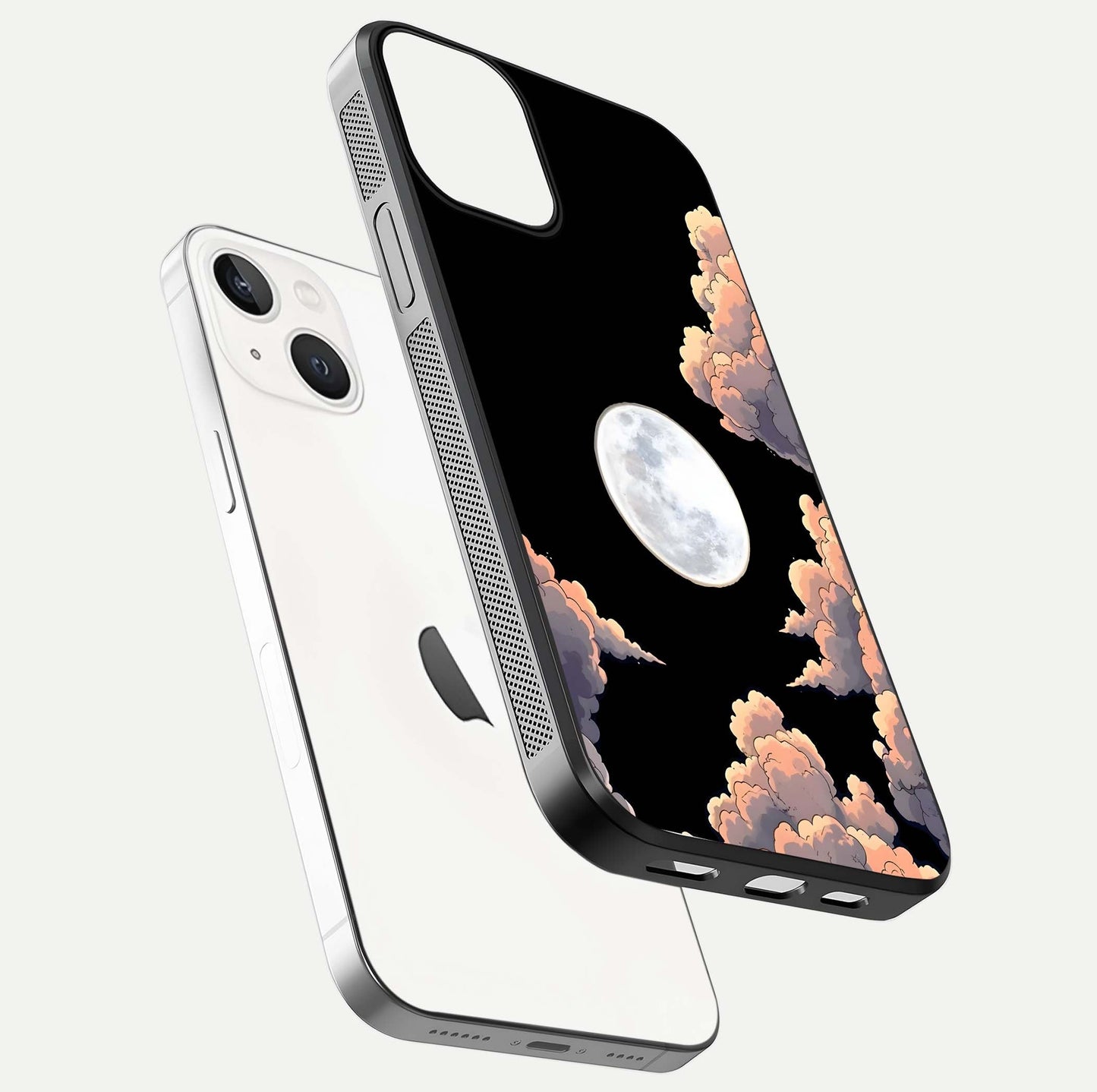 Shade Cloud Moon Glass Case for iPhone 13 Mini floating dual-view mockup showing gloss and celestial texture