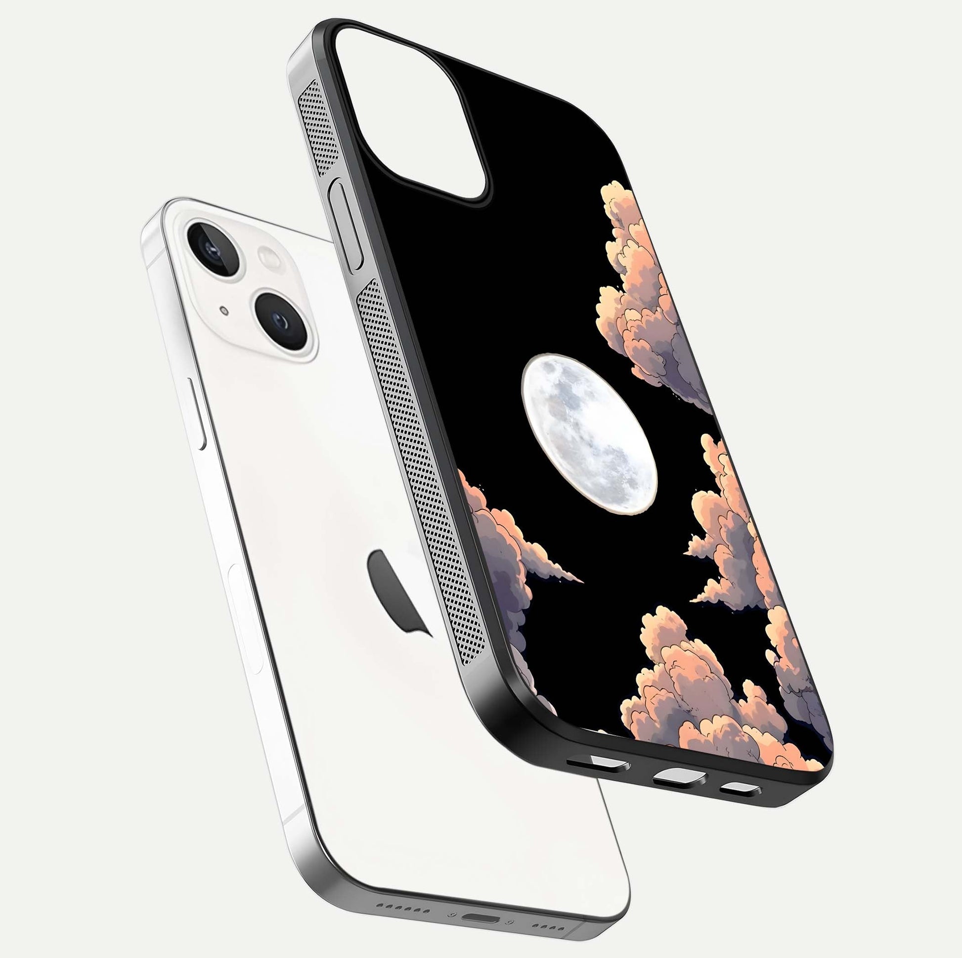 Shade Cloud Moon Glass Case for iPhone 13 Mini floating dual-view mockup showing gloss and celestial texture
