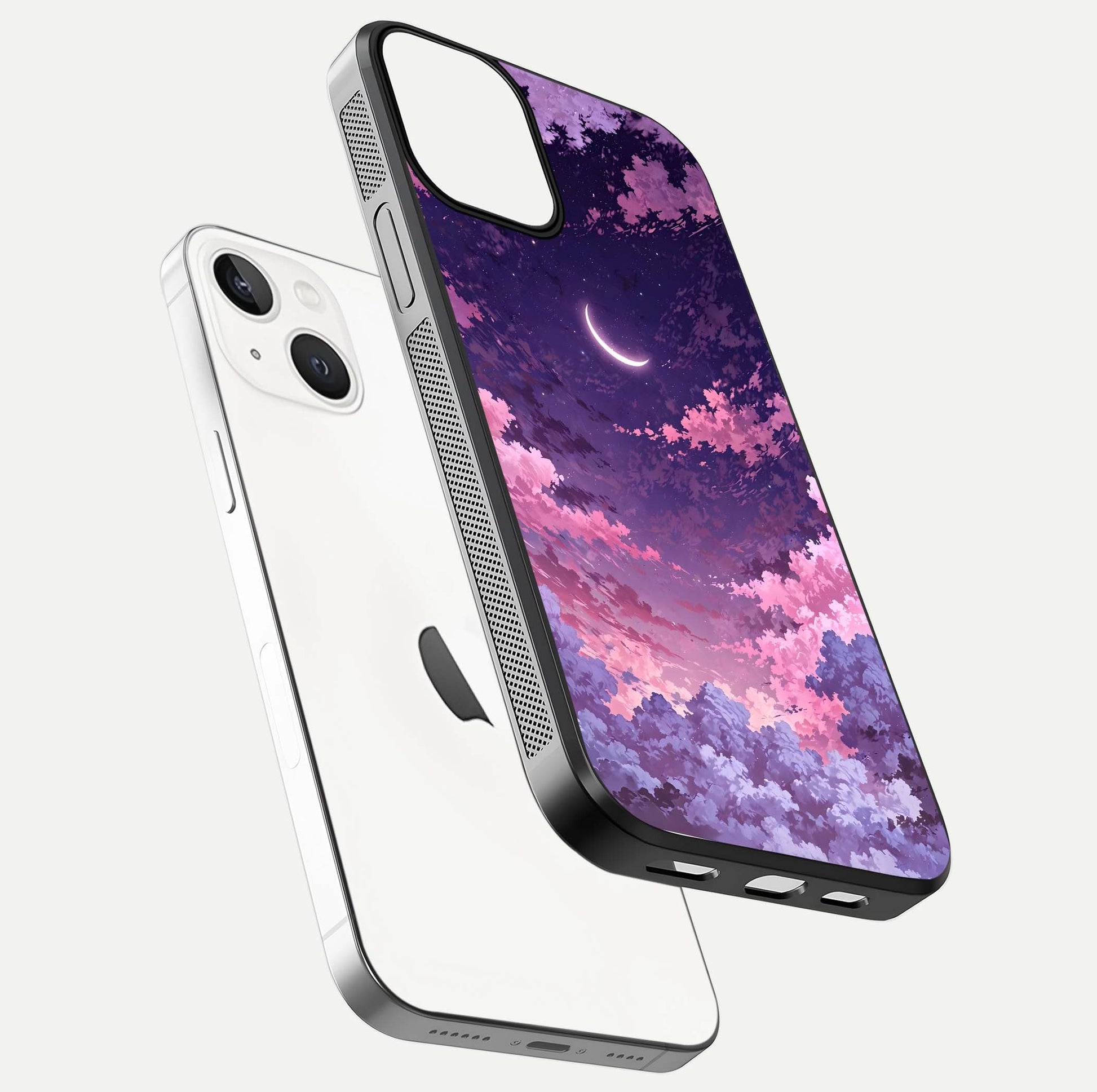 Sky Drift Clouds Glass Case for iPhone 13 Mini floating dual-view mockup displaying gloss shine and depth
