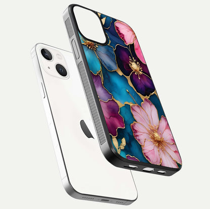 Sparkle Floral Glass Case for iPhone 13 Mini floating dual-view mockup displaying gloss surface and sparkle effect