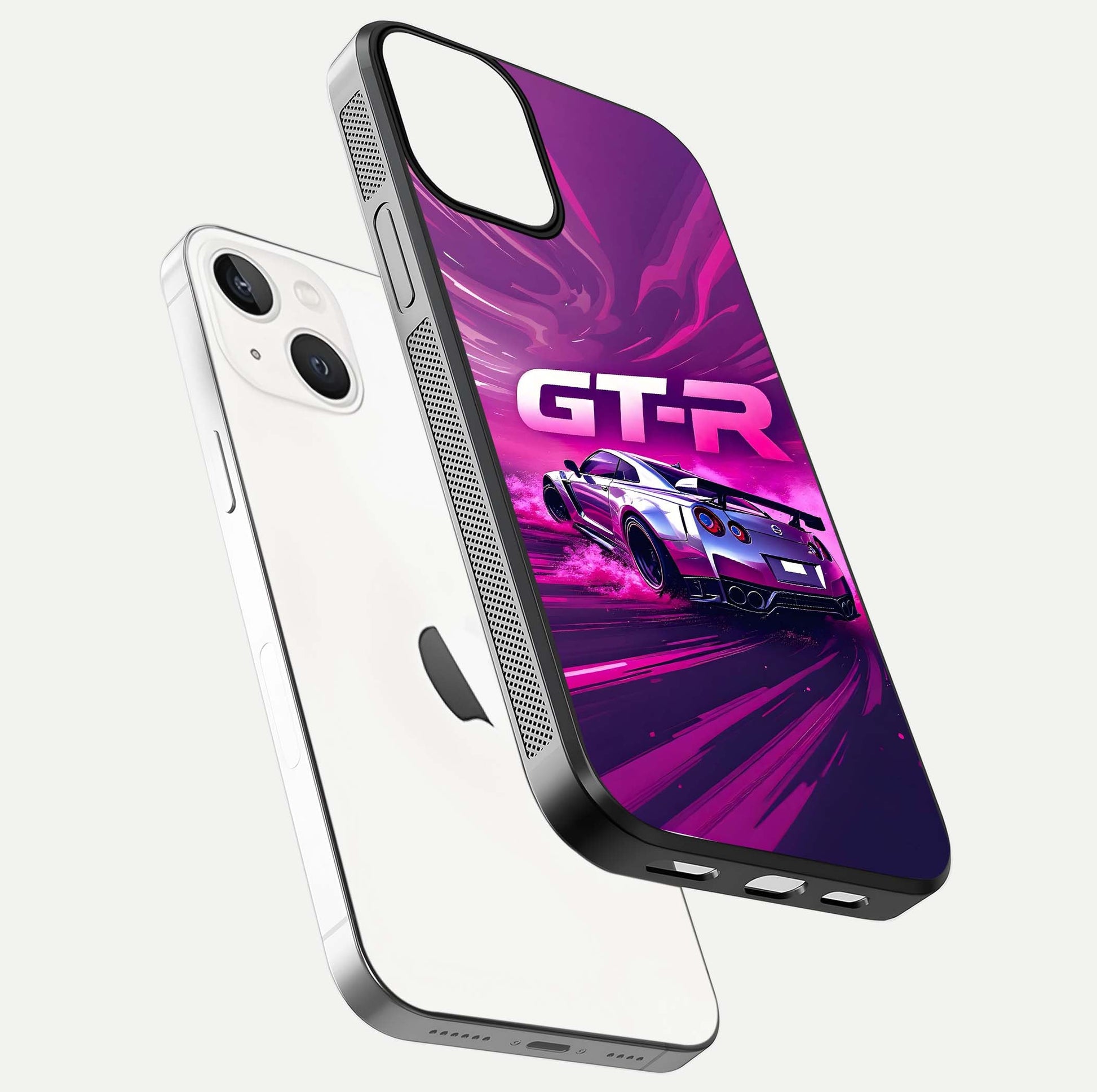 Speed Drift Legend Glass Case for iPhone 13 Mini floating dual-view mockup displaying gloss shine and motion effect