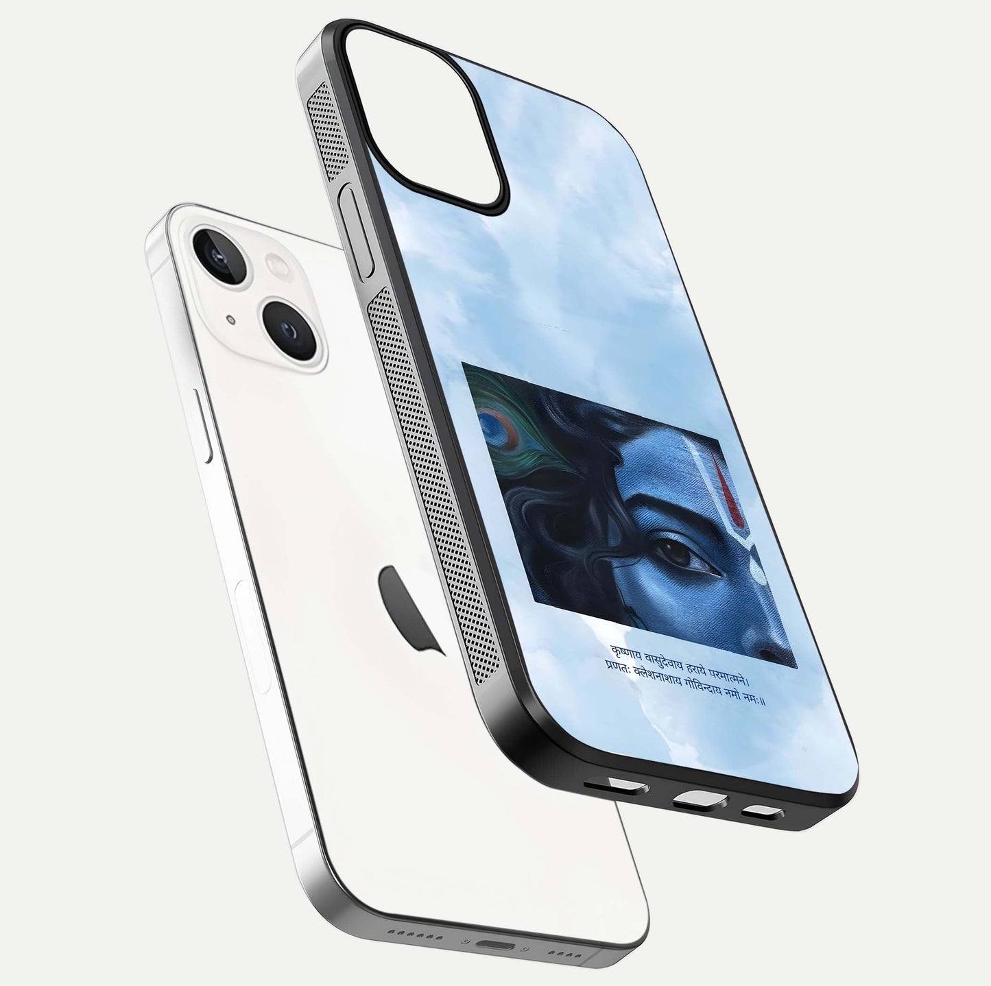 Spiritual Krishna Glass Case for iPhone 13 Mini floating dual-view mockup displaying gloss shine and divine detail
