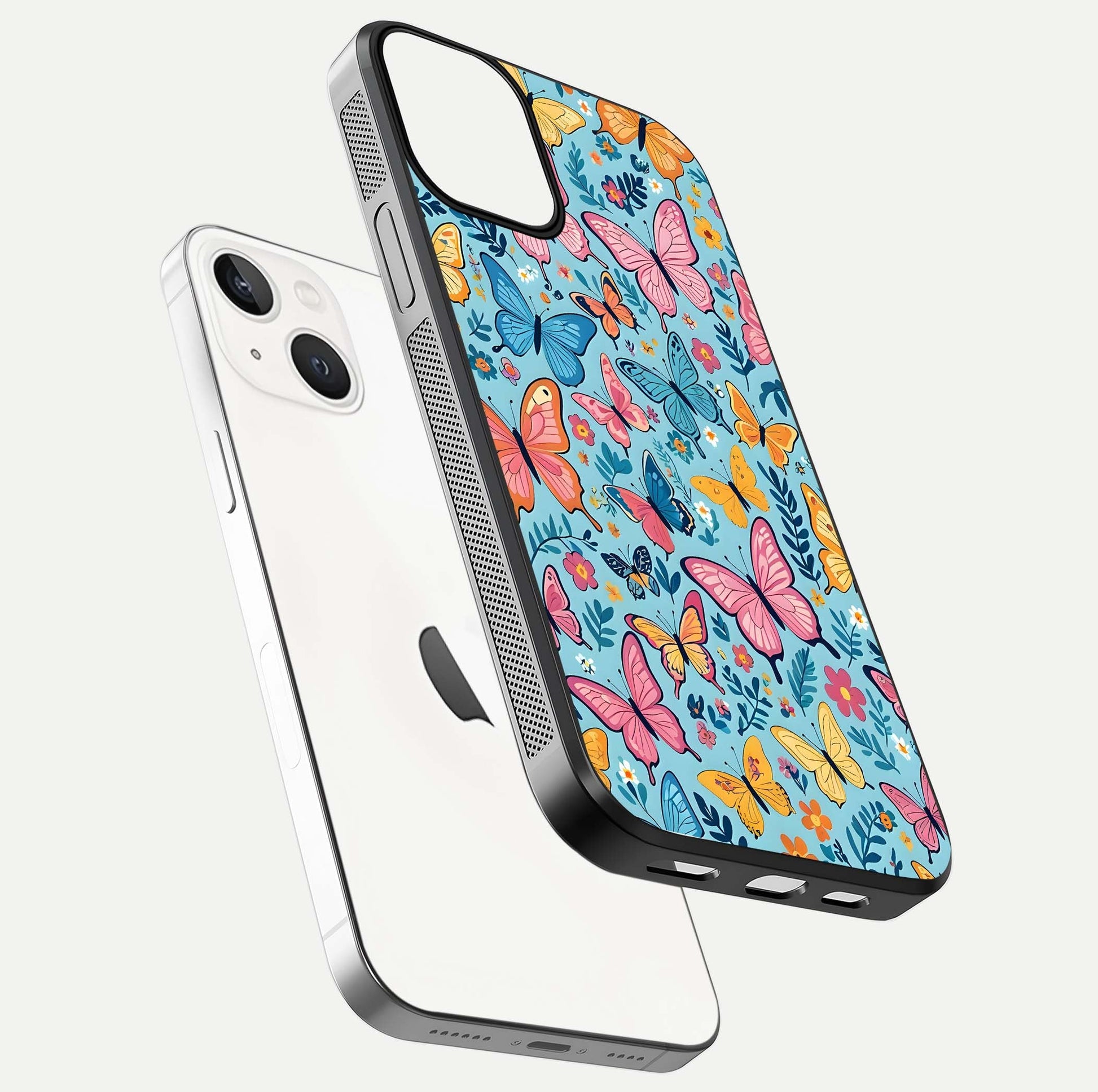 Spring Wing Garden Glass Case for iPhone 13 Mini floating dual-view mockup showing gloss texture and vivid print