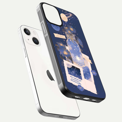 Starlit Cosmic Jar Glass Case for iPhone 13 Mini floating dual-view mockup displaying gloss and starry depth