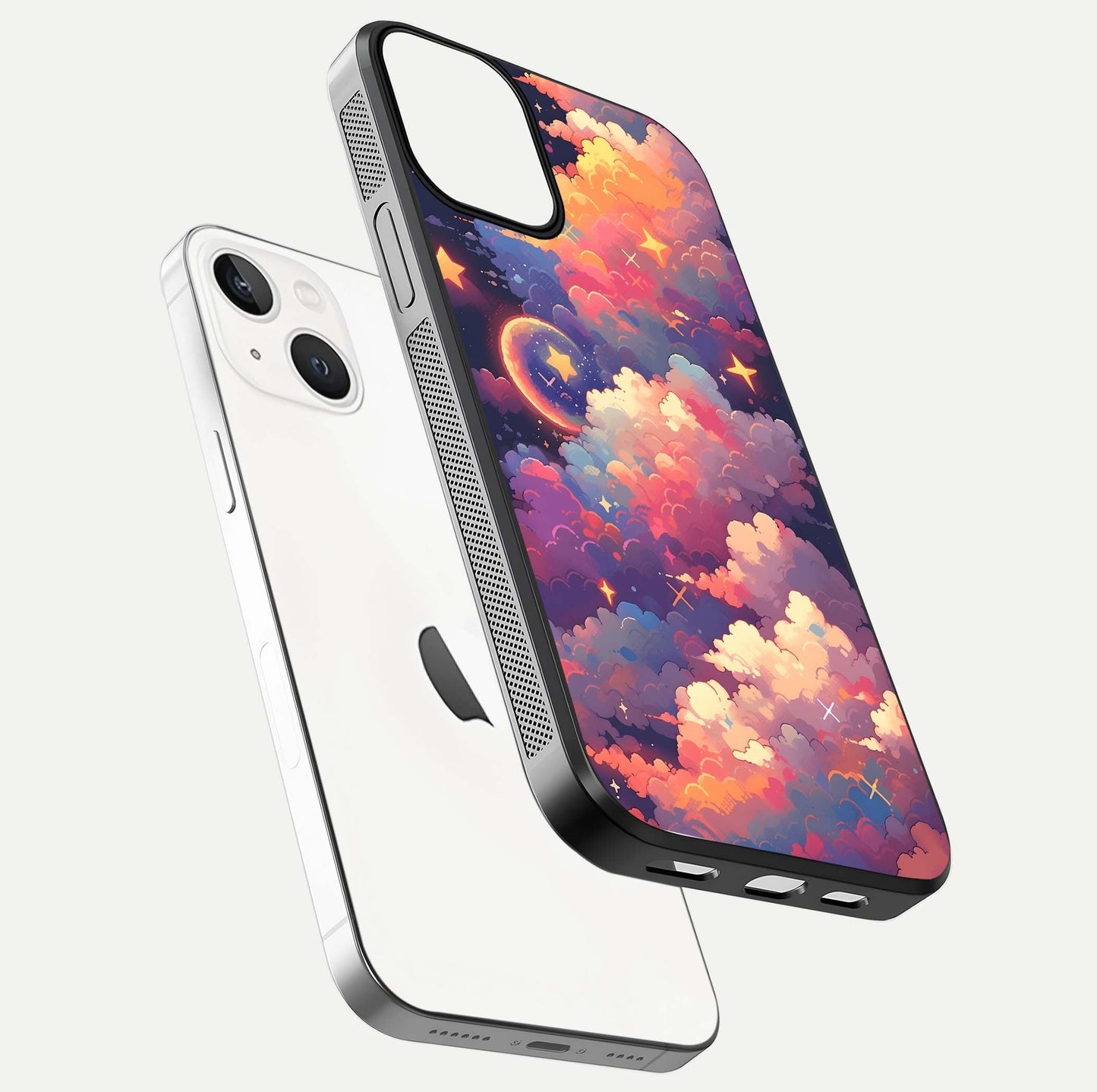 Starlit Dream Clouds Glass Case for iPhone 13 Mini floating dual-view mockup displaying gloss and soft light detail