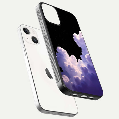 Starlit Night Whispers Glass Case for iPhone 13 Mini floating dual-view mockup displaying gloss surface and depth