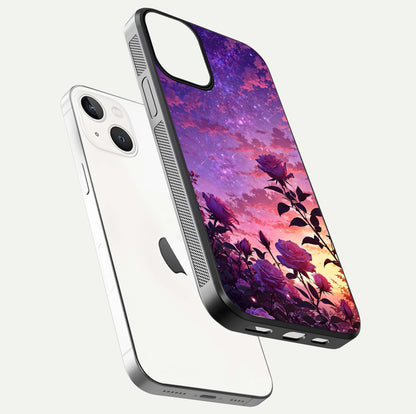 Starlit Rose Twilight Glass Case for iPhone 13 Mini floating dual-view mockup displaying gloss shine and depth