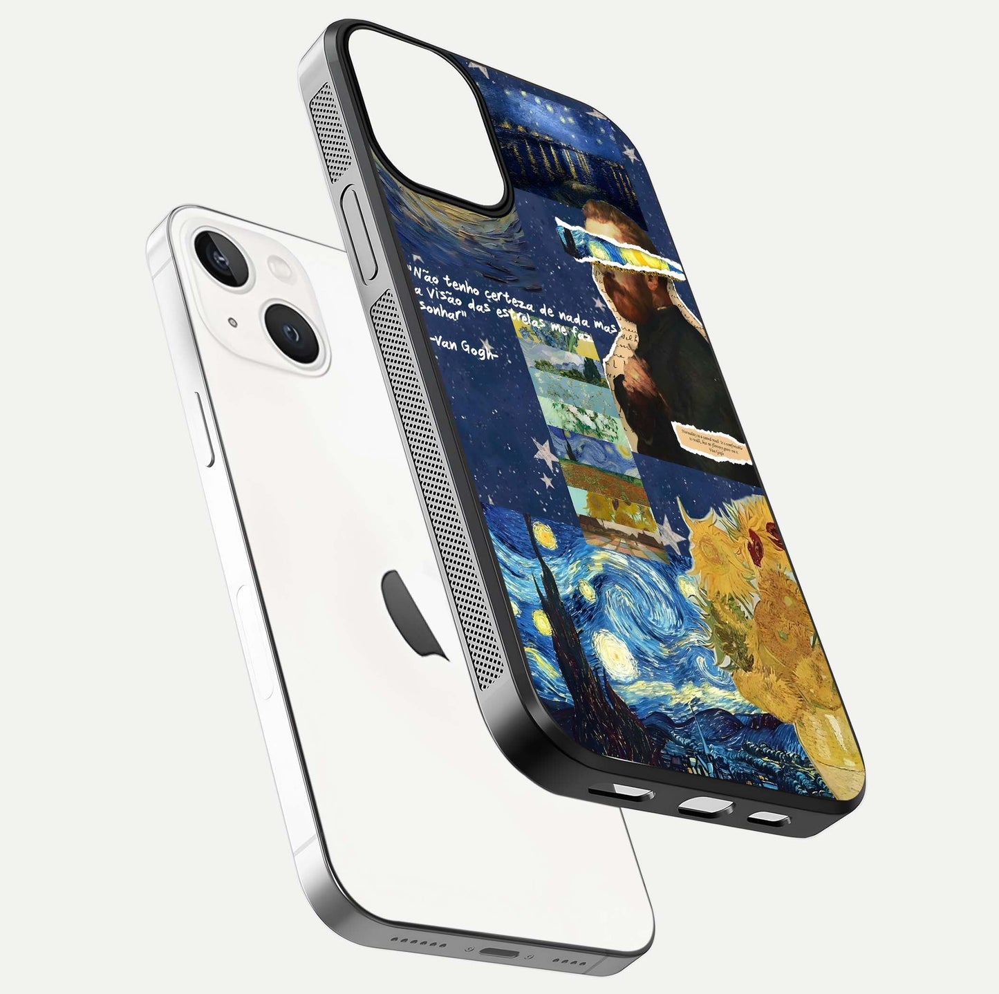 Starry Dream Vision Glass Case for iPhone 13 Mini floating dual-view mockup displaying gloss surface and clarity