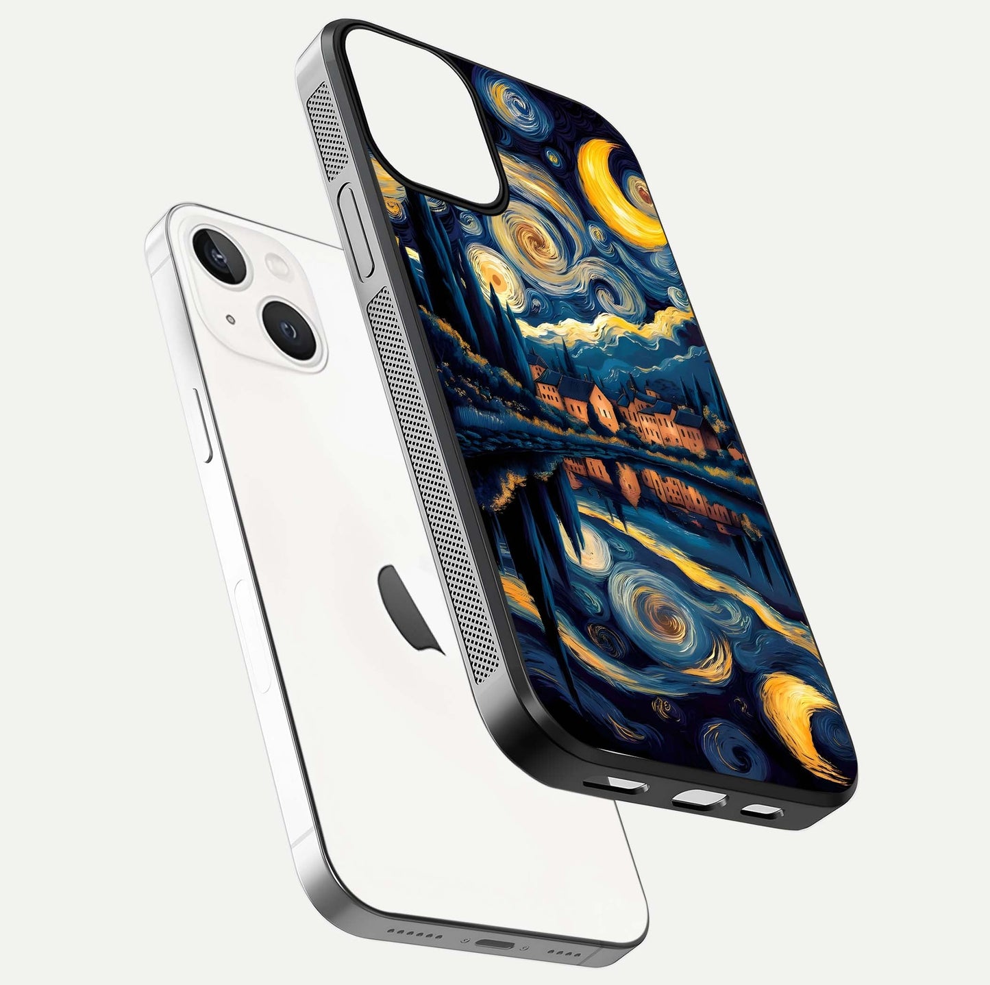 Starry Sky Serenity Glass Case for iPhone 13 Mini floating dual-view mockup displaying gloss texture and shine
