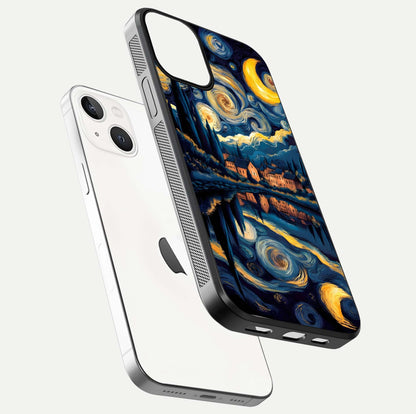 Starry Sky Serenity Glass Case for iPhone 13 Mini floating dual-view mockup displaying gloss texture and shine
