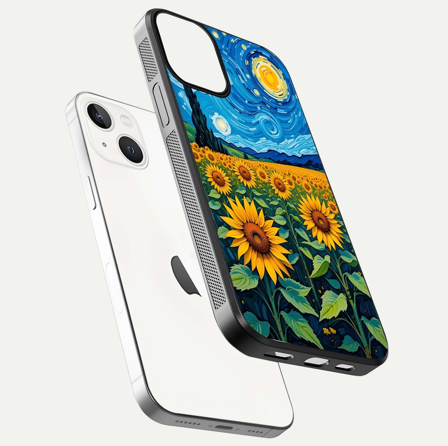 Starry Sunflower Dreams Glass Case for iPhone 13 Mini floating dual-view mockup displaying gloss and vivid print