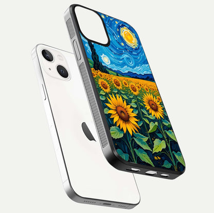 Starry Sunflower Dreams Glass Case for iPhone 13 Mini floating dual-view mockup displaying gloss and vivid print