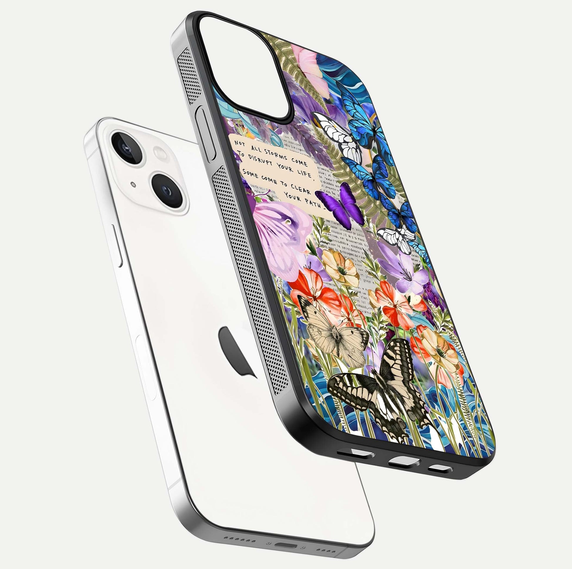 Storm Path Bloom Glass Case for iPhone 13 Mini floating dual-view mockup displaying gloss and pattern depth