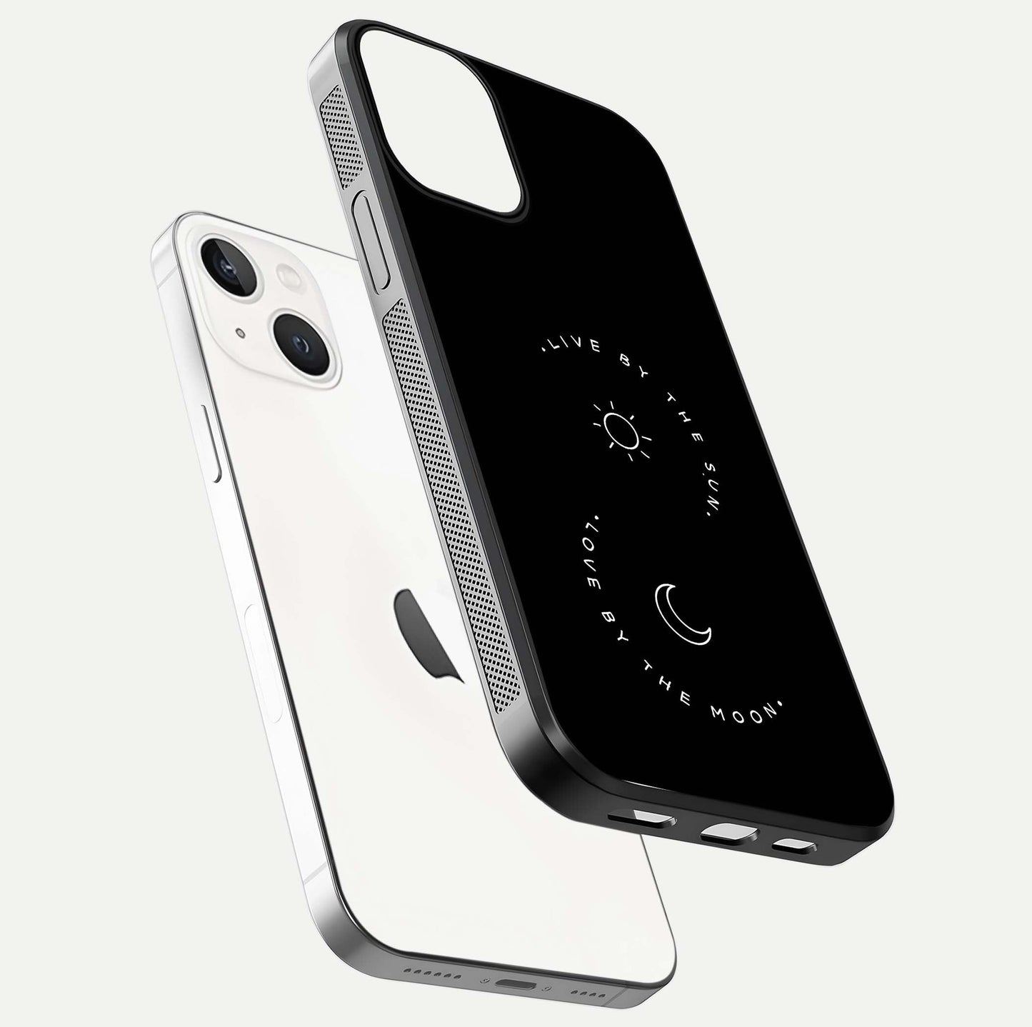 Sun Moon Balance Glass Case for iPhone 13 Mini floating dual-view mockup displaying gloss surface and edge clarity