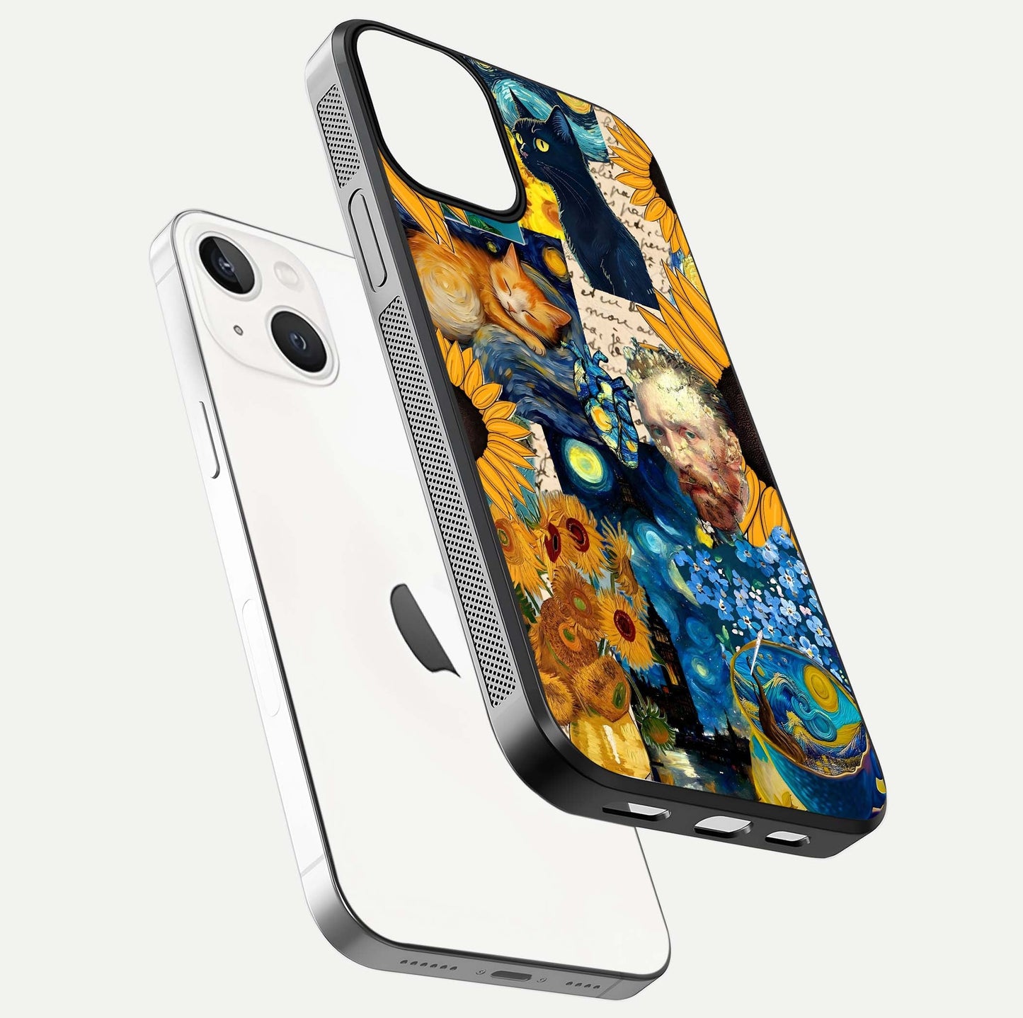 Sunflower Cat Art Glass Case for iPhone 13 Mini floating dual-view mockup displaying gloss shine and HD art print