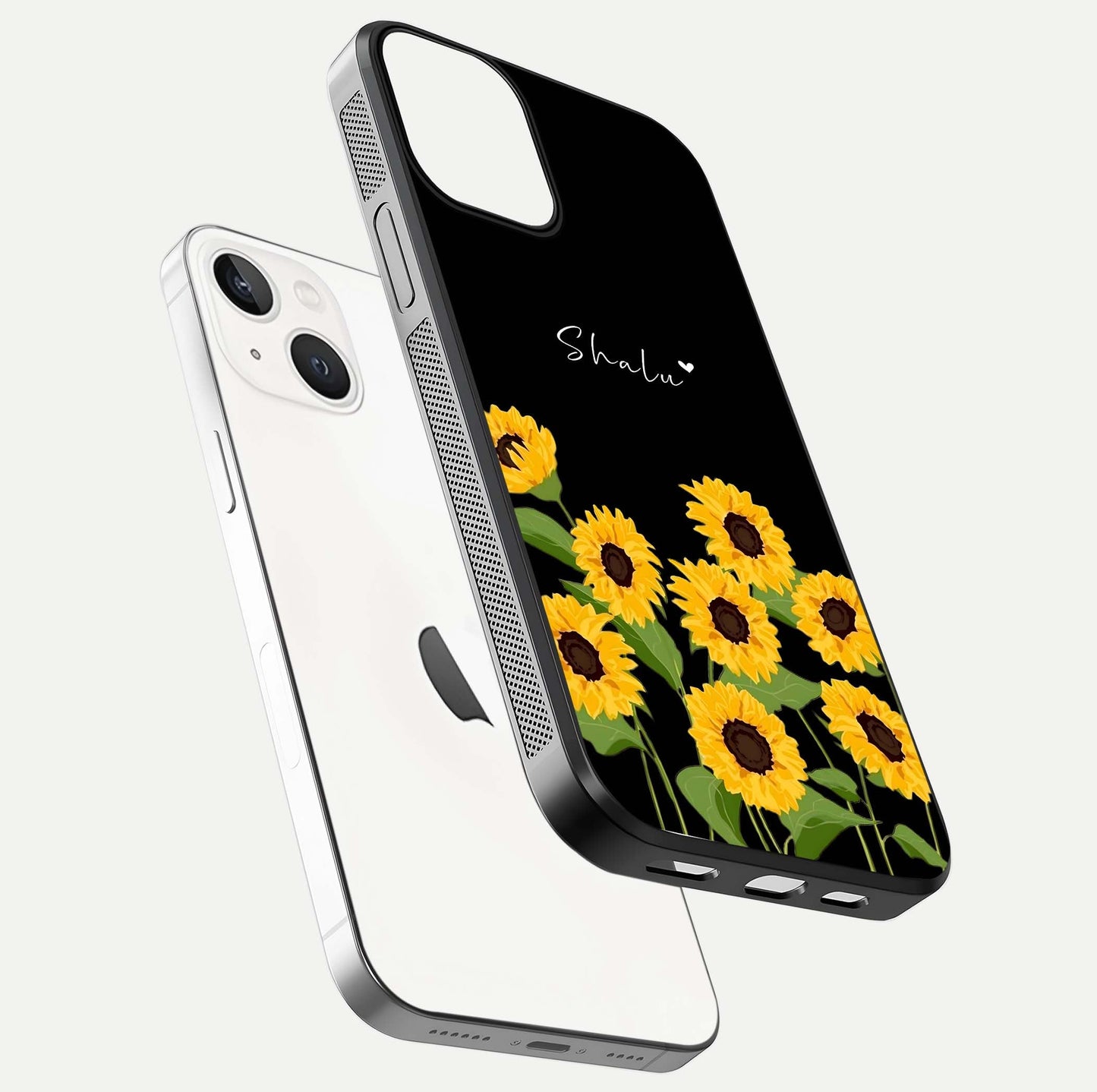Sunflower Chic Mood Custom Name Glass Case for iPhone 13 Mini floating dual-view mockup displaying gloss texture and detail
