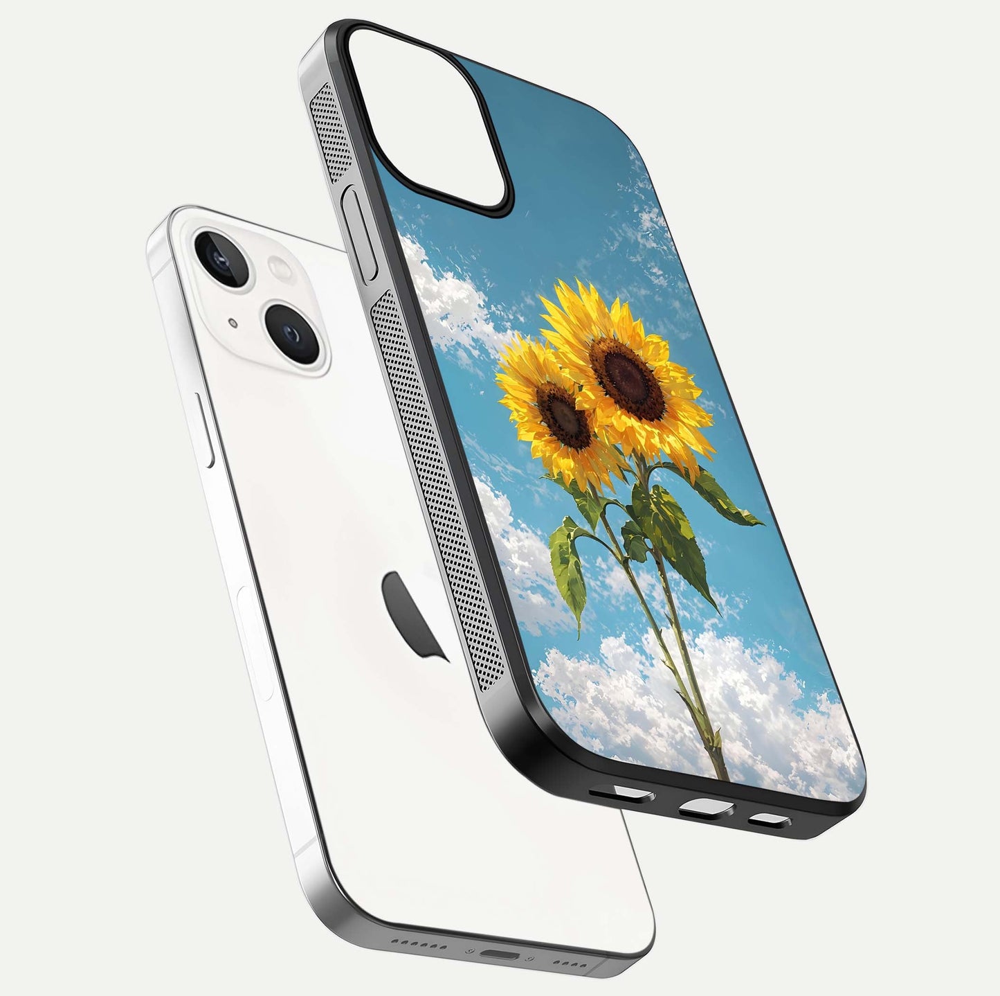 Sunflower Sky Bloom Glass Case for iPhone 13 Mini floating dual-view mockup displaying gloss shine and vibrant texture