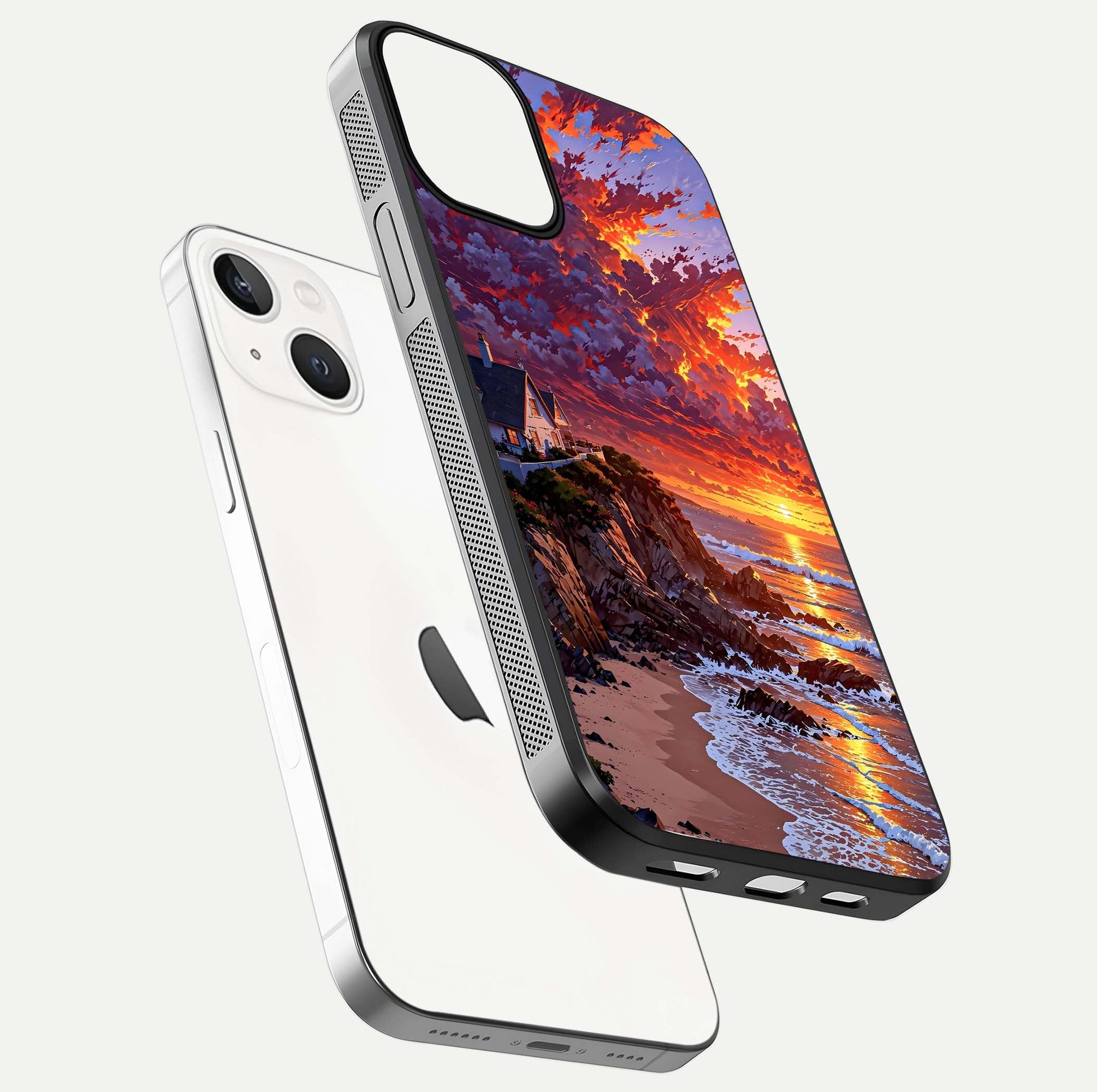 Sunset House by Sea Glass Case for iPhone 13 Mini floating dual-view mockup displaying gloss shine and depth