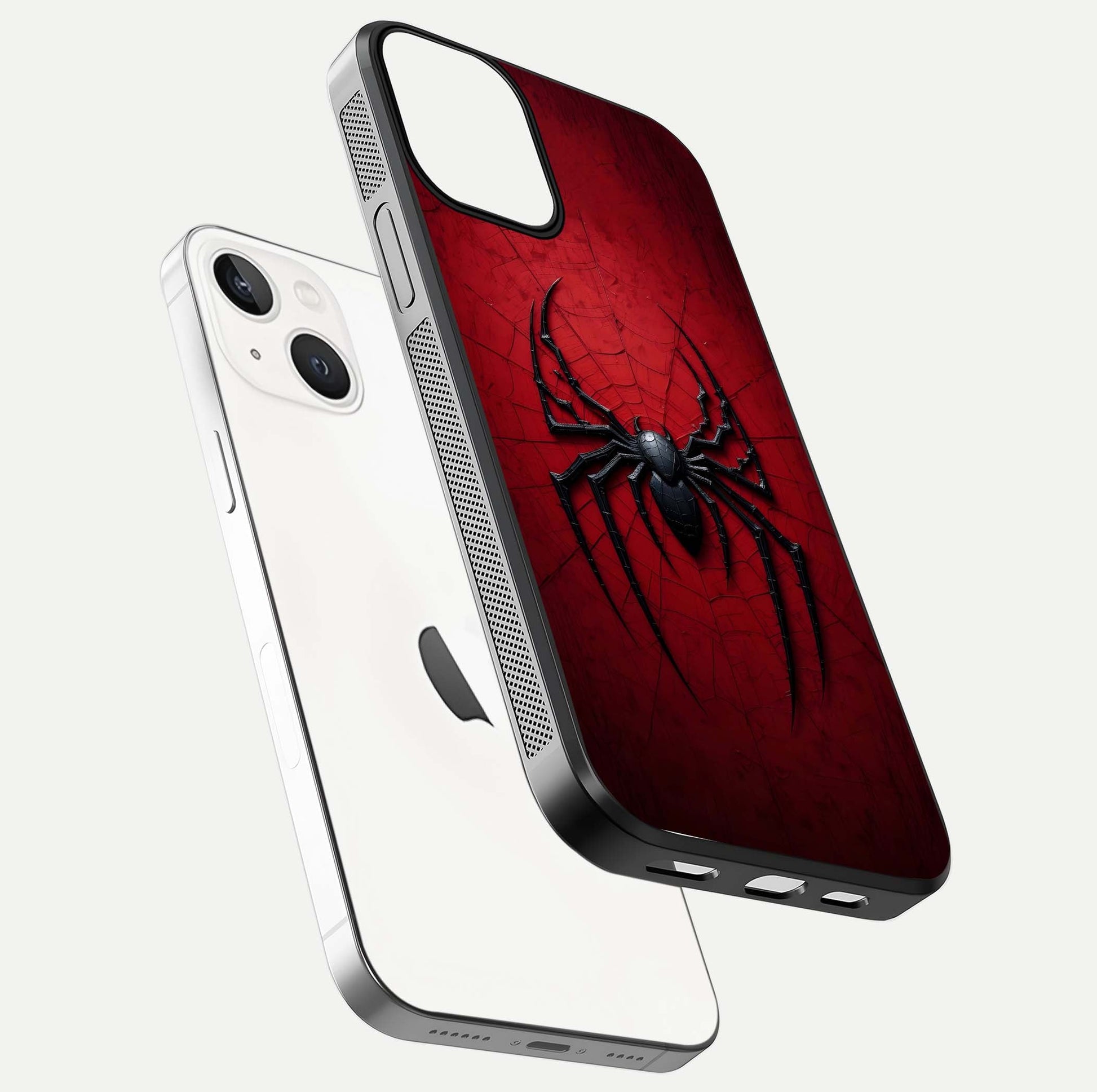 Venom Web Emblem Glass Case for iPhone 13 Mini floating dual-view mockup displaying gloss shine and HD print