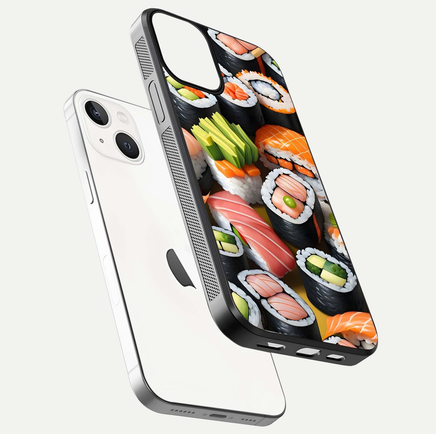 Sushi Food Pattern Glass Case for iPhone 13 Mini floating dual-view mockup displaying gloss and HD pattern
