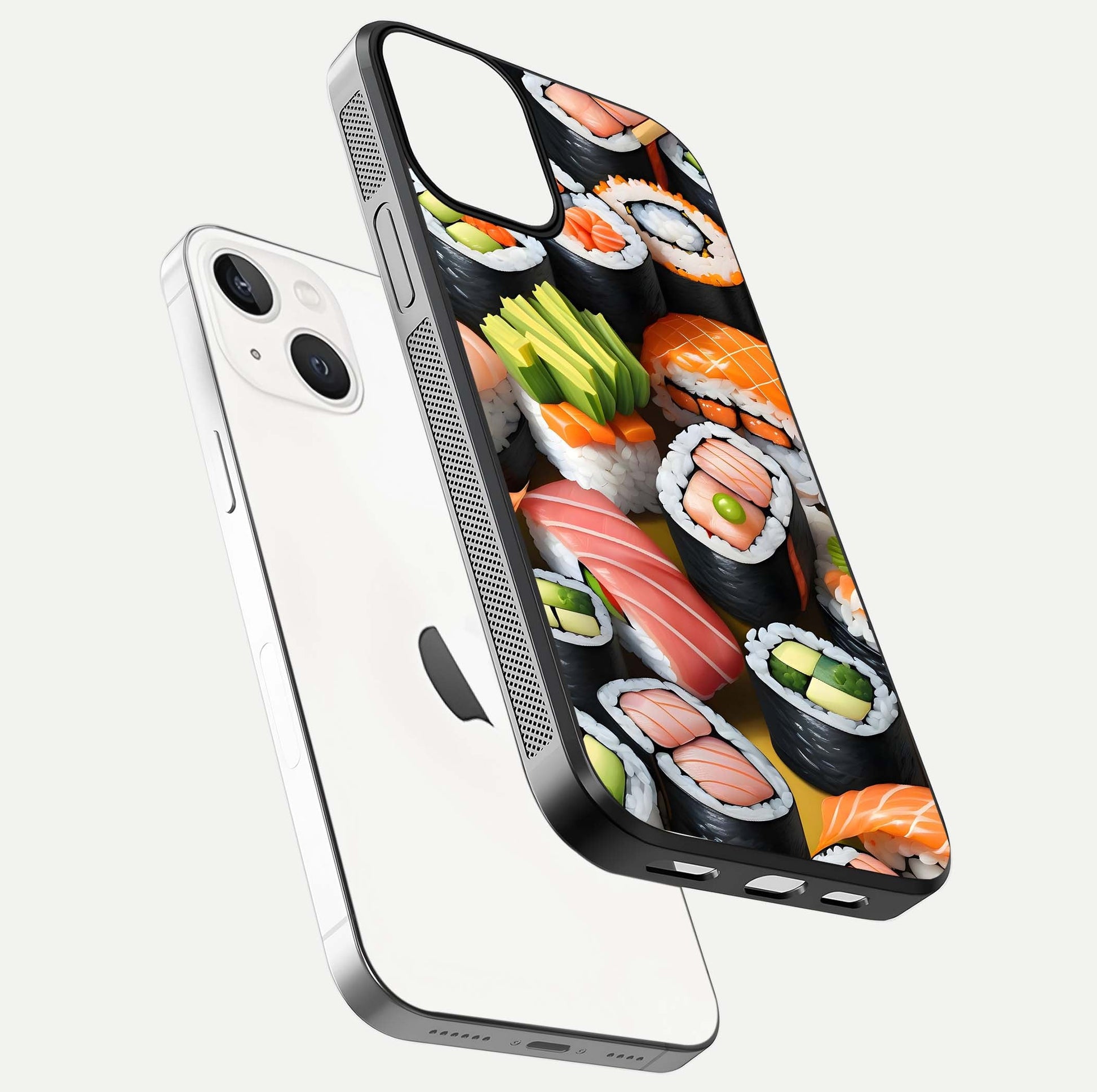 Sushi Food Pattern Glass Case for iPhone 13 Mini floating dual-view mockup displaying gloss and HD pattern