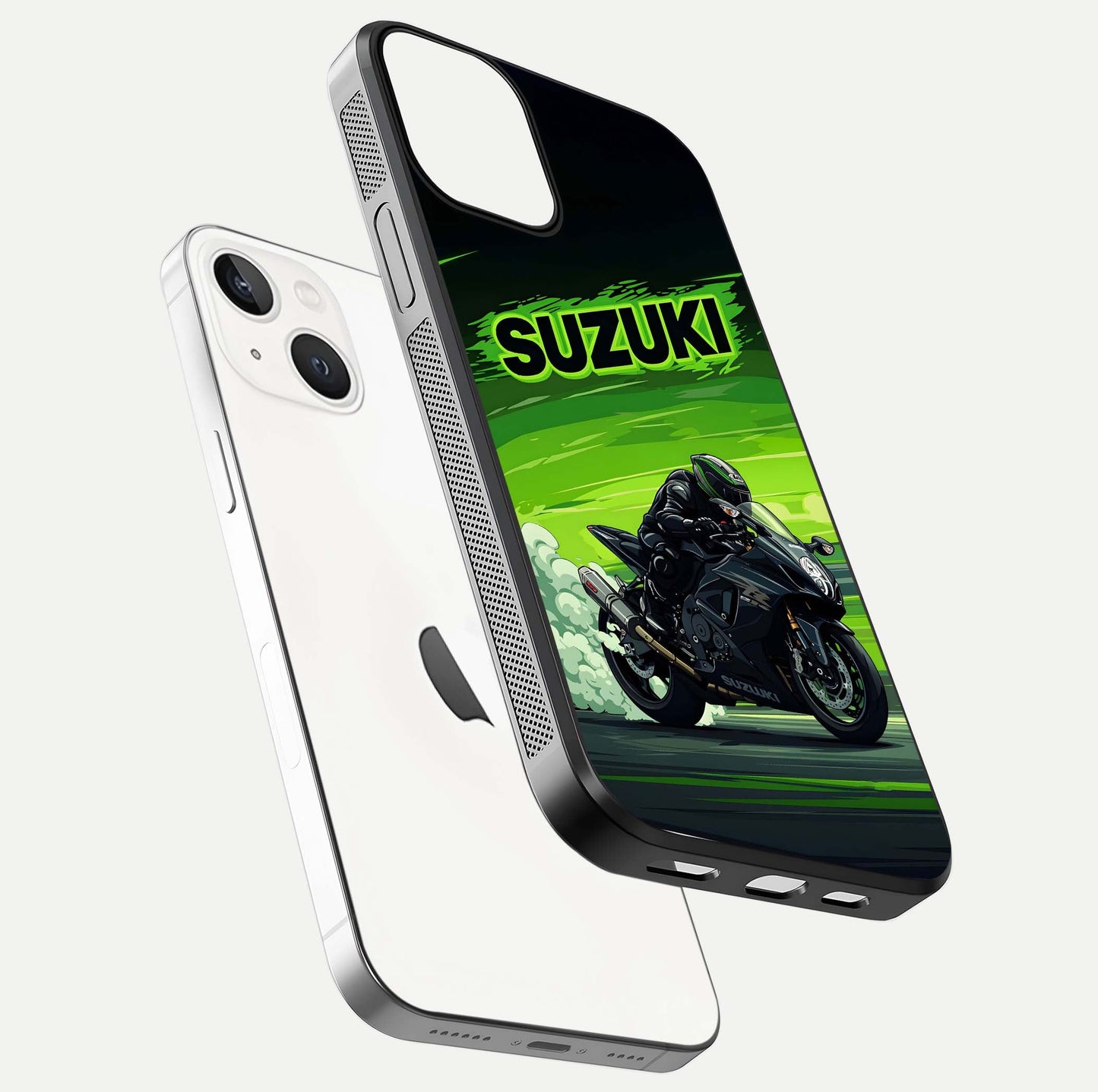 Suzuki Speed Beast Glass Case for iPhone 13 Mini floating dual-view mockup displaying gloss texture and shine