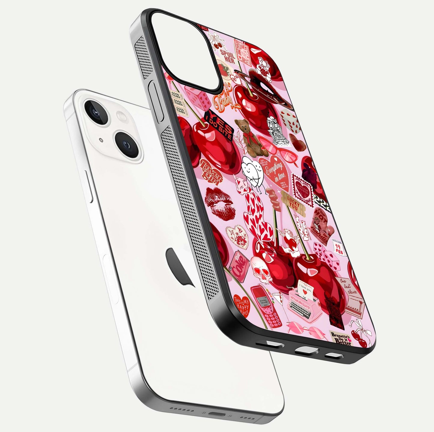 Sweet Cherry Chaos Glass Case for iPhone 13 Mini floating dual-view mockup displaying gloss surface and depth