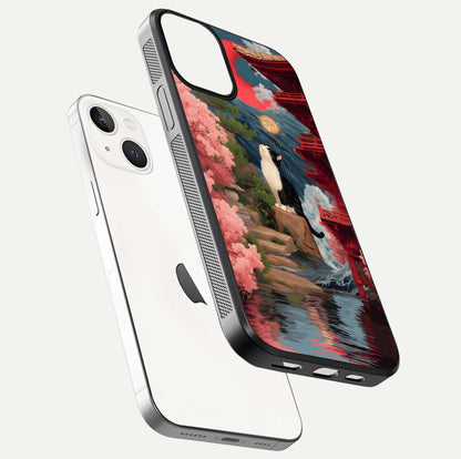 Temple Cat Scenery Glass Case for iPhone 13 Mini floating dual-view mockup displaying gloss and depth detail