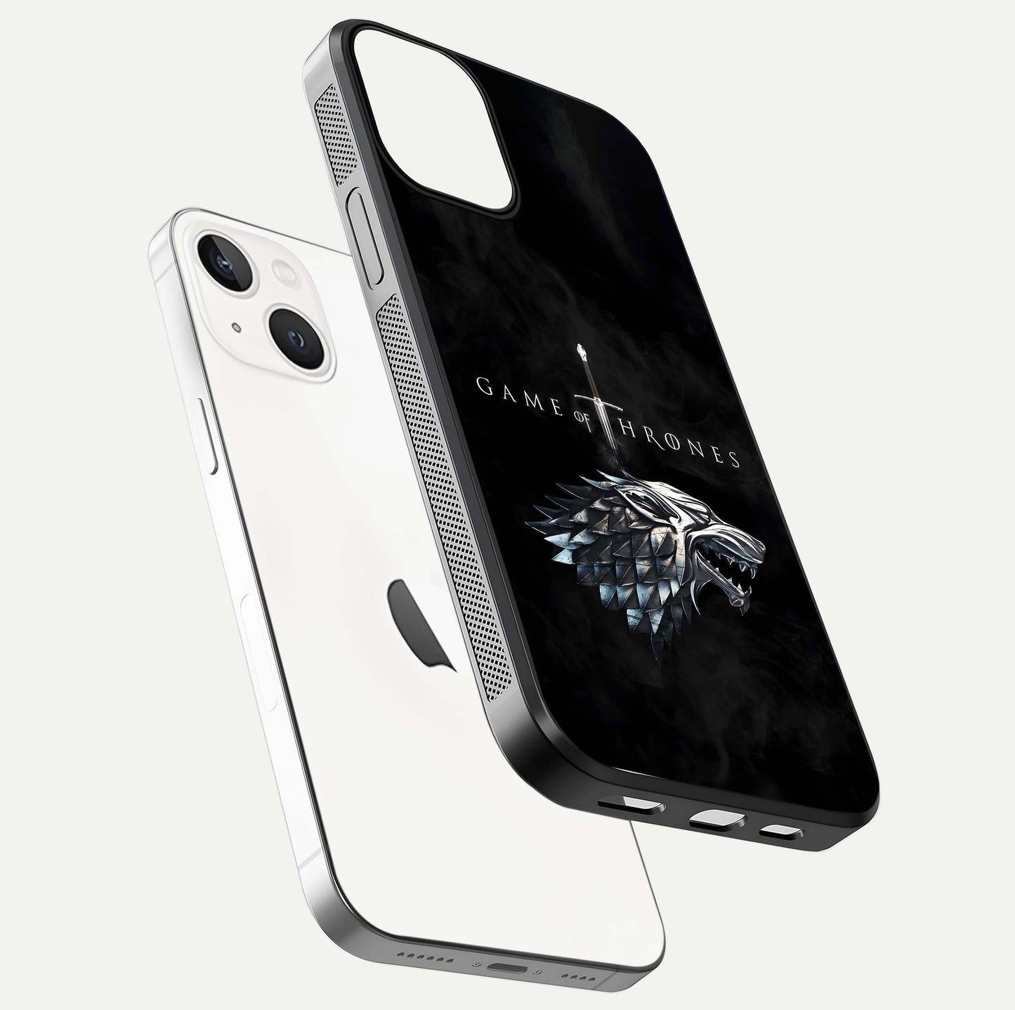 Throne Wolf Legacy Glass Case for iPhone 13 Mini floating dual-view mockup displaying gloss depth and wolf artwork