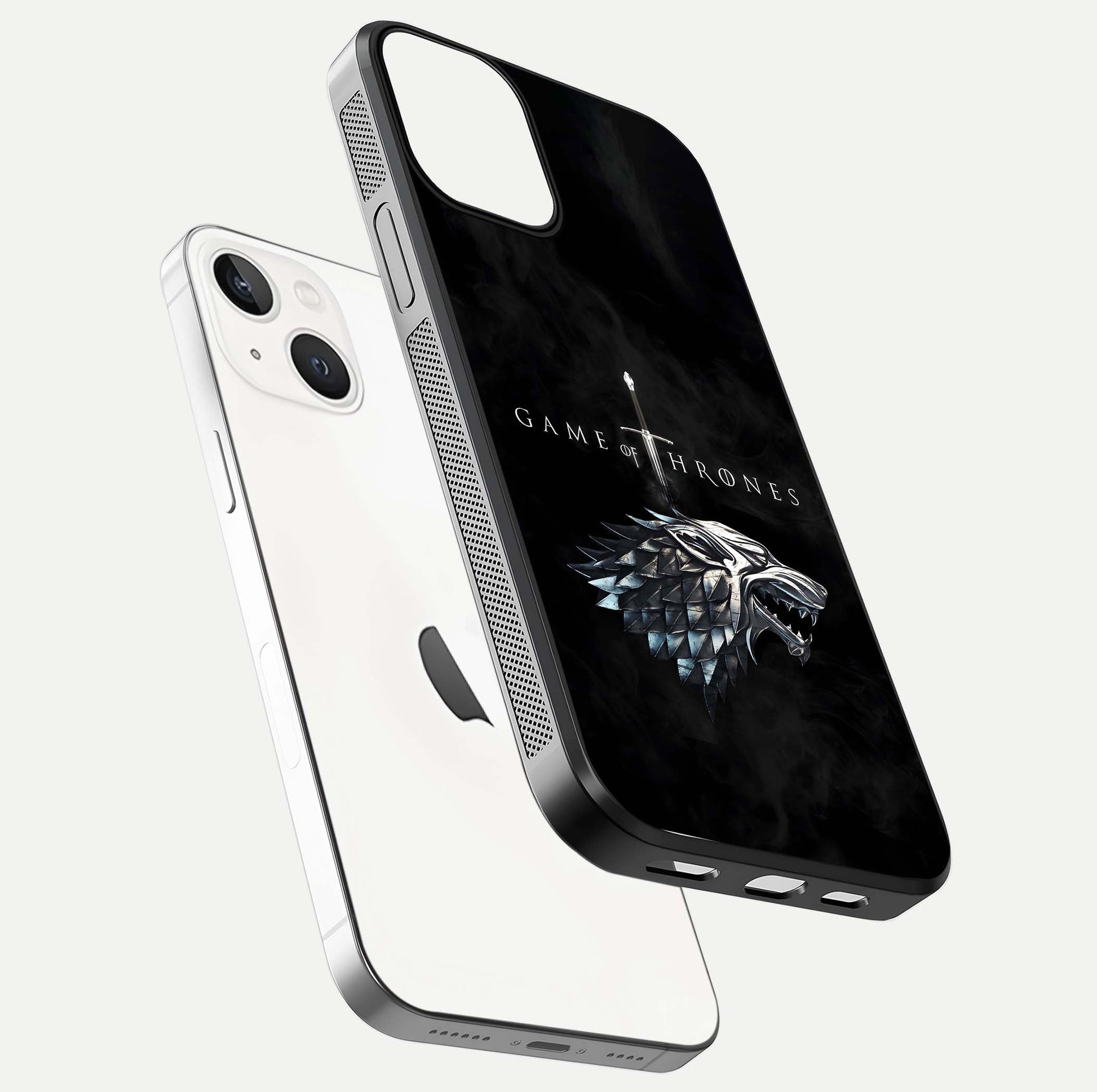 Throne Wolf Legacy Glass Case for iPhone 13 Mini floating dual-view mockup displaying gloss depth and wolf artwork