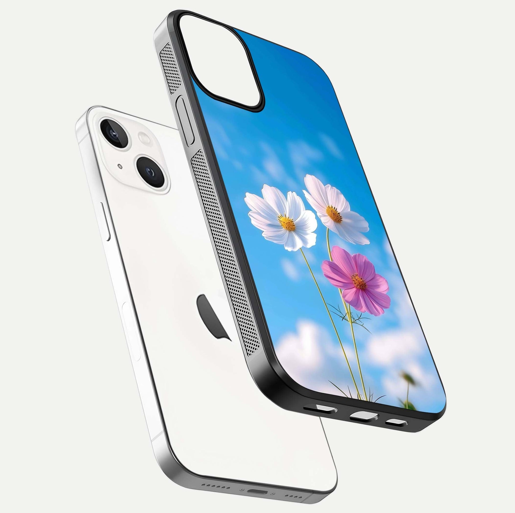 Triple Flowers With Sky Glass Case for iPhone 13 Mini floating dual-view mockup displaying gloss and soft hues