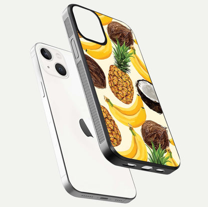 Tropical Fruit Mood Glass Case for iPhone 13 Mini floating dual-view mockup displaying gloss and vibrant colors