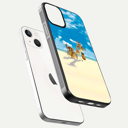 Tropical Fun Squad Glass Case for iPhone 13 Mini floating dual-view mockup displaying gloss reflection and contrast