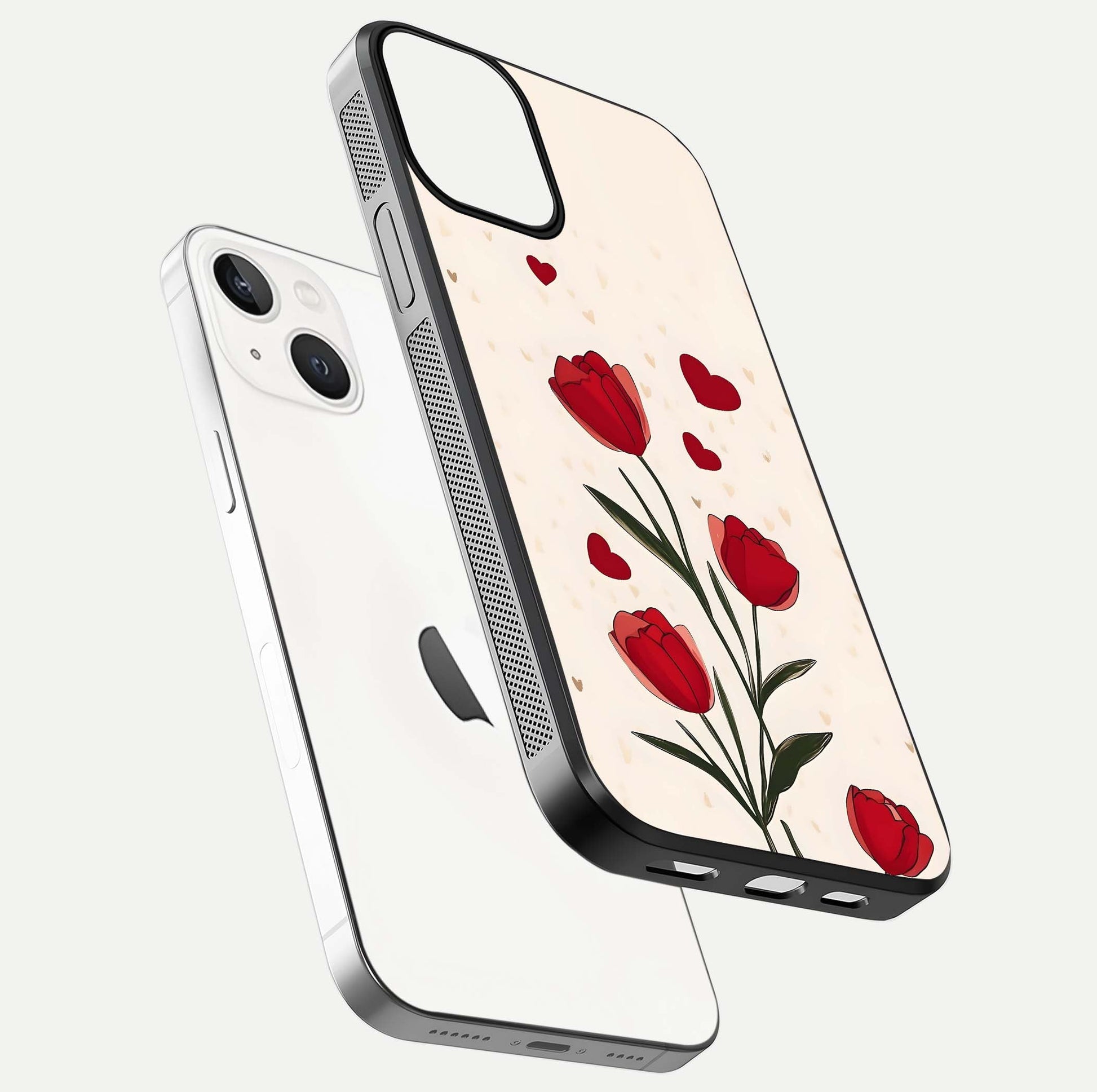 Tulip With Heart Glass Case for iPhone 13 Mini floating dual-view mockup displaying gloss texture and shine