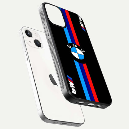 Turbo BMW Beast Glass Case for iPhone 13 Mini floating dual-view mockup displaying gloss texture and vivid print
