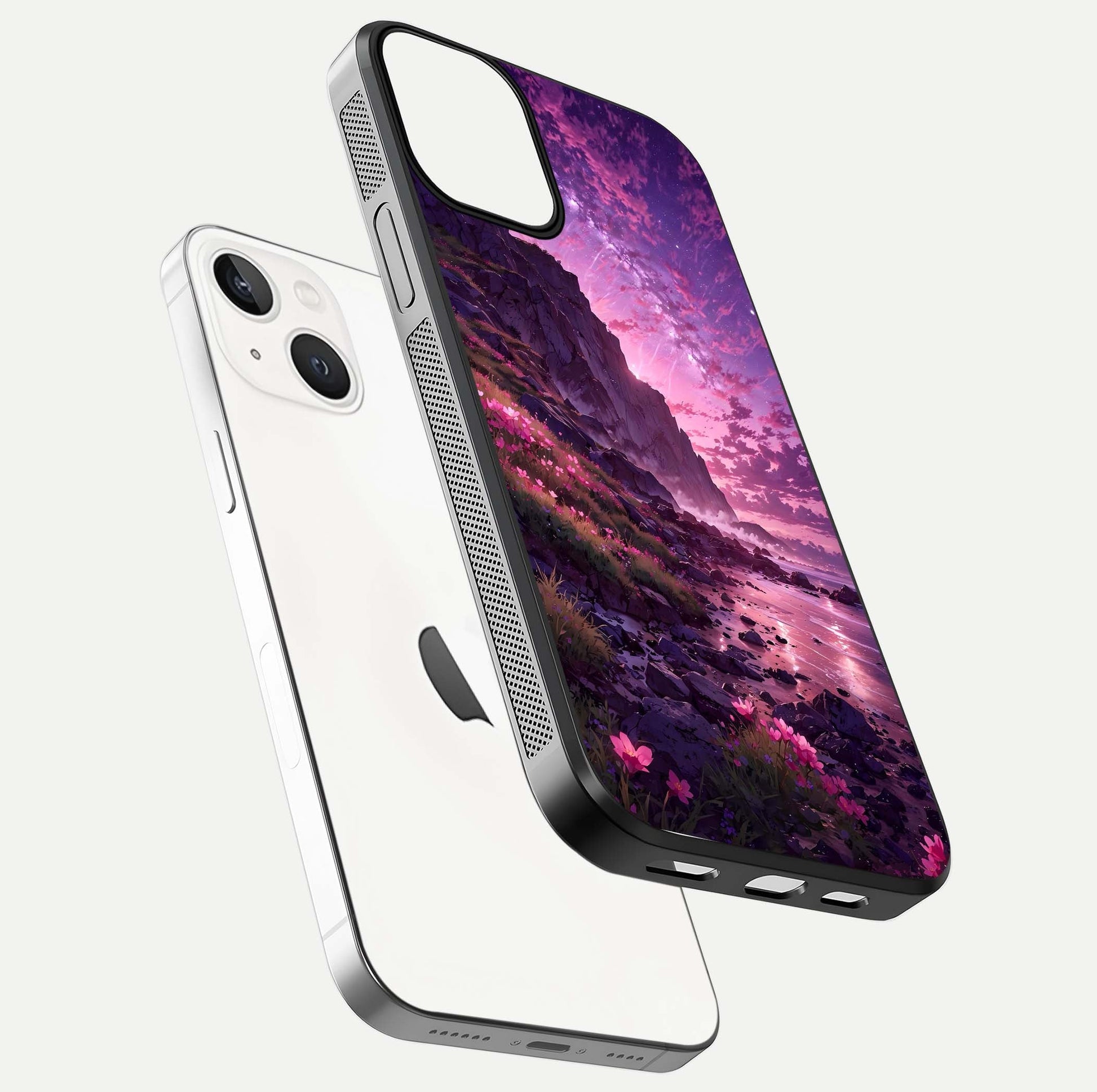 Twilight Blossom Coast Glass Case for iPhone 13 Mini floating dual-view mockup displaying gloss surface and detail