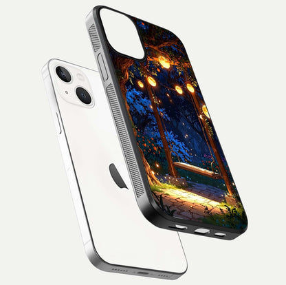Twilight Garden Swing Glass Case for iPhone 13 Mini floating dual-view mockup displaying gloss and tone balance
