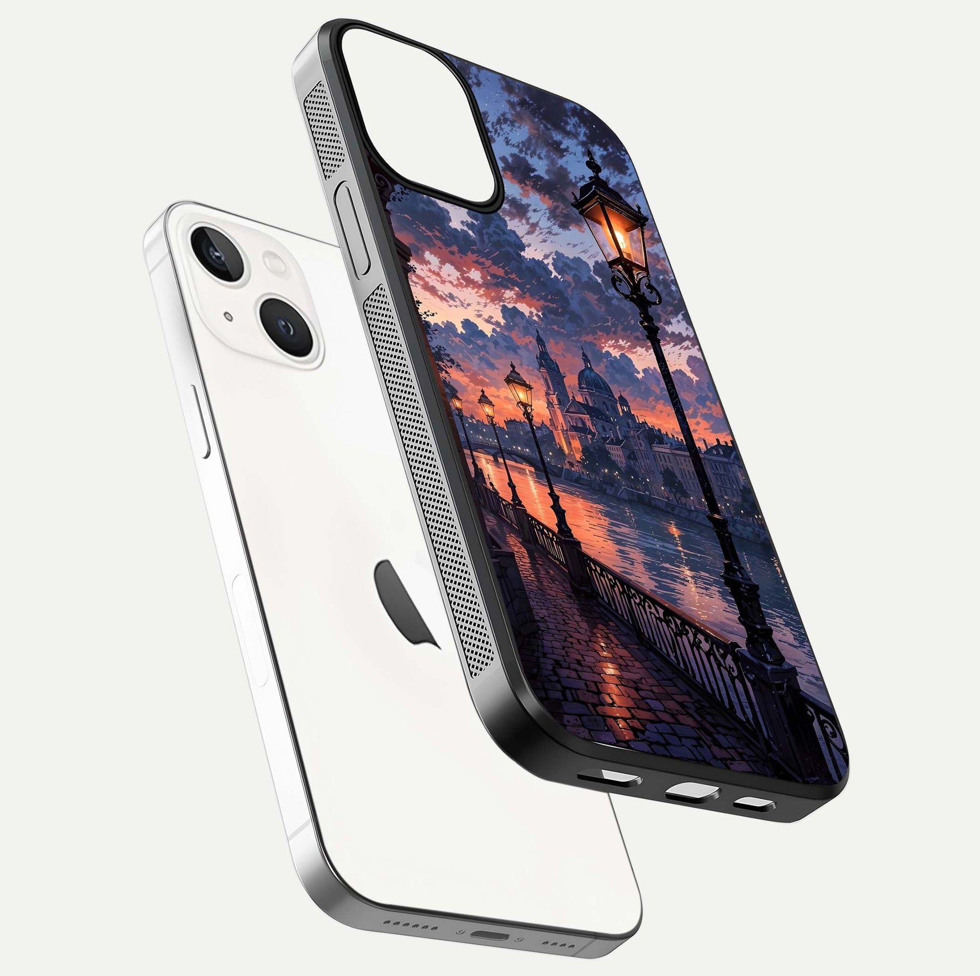 Twilight River Lights Glass Case for iPhone 13 Mini floating dual-view mockup displaying gloss shine and vivid details