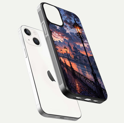 Twilight River Lights Glass Case for iPhone 13 Mini floating dual-view mockup displaying gloss shine and vivid details