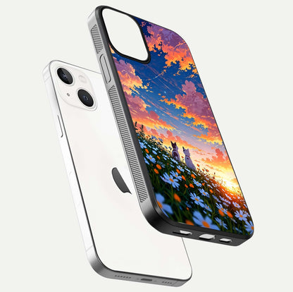 Two Cats Friends Glass Case for iPhone 13 Mini floating dual-view mockup displaying gloss surface and HD print