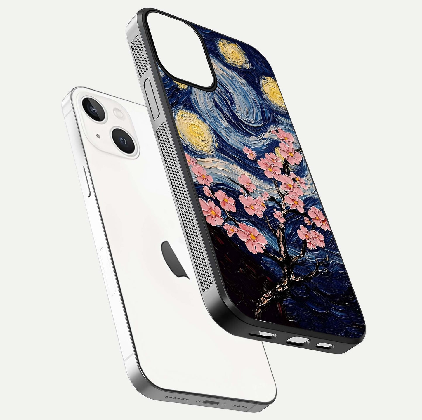 Van Gogh Scenery Glass Case for iPhone 13 Mini floating dual-view mockup displaying gloss reflection and HD quality