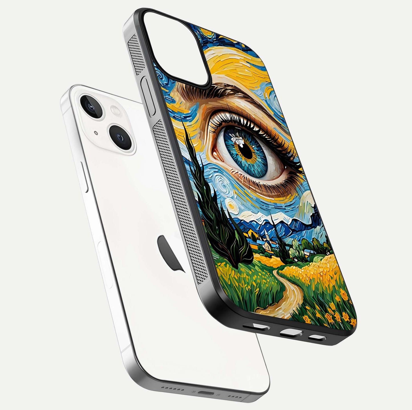 Van Gogh Eye Glass Case for iPhone 13 Mini floating dual-view mockup displaying gloss texture and depth