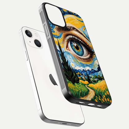 Van Gogh Eye Glass Case for iPhone 13 Mini floating dual-view mockup displaying gloss texture and depth