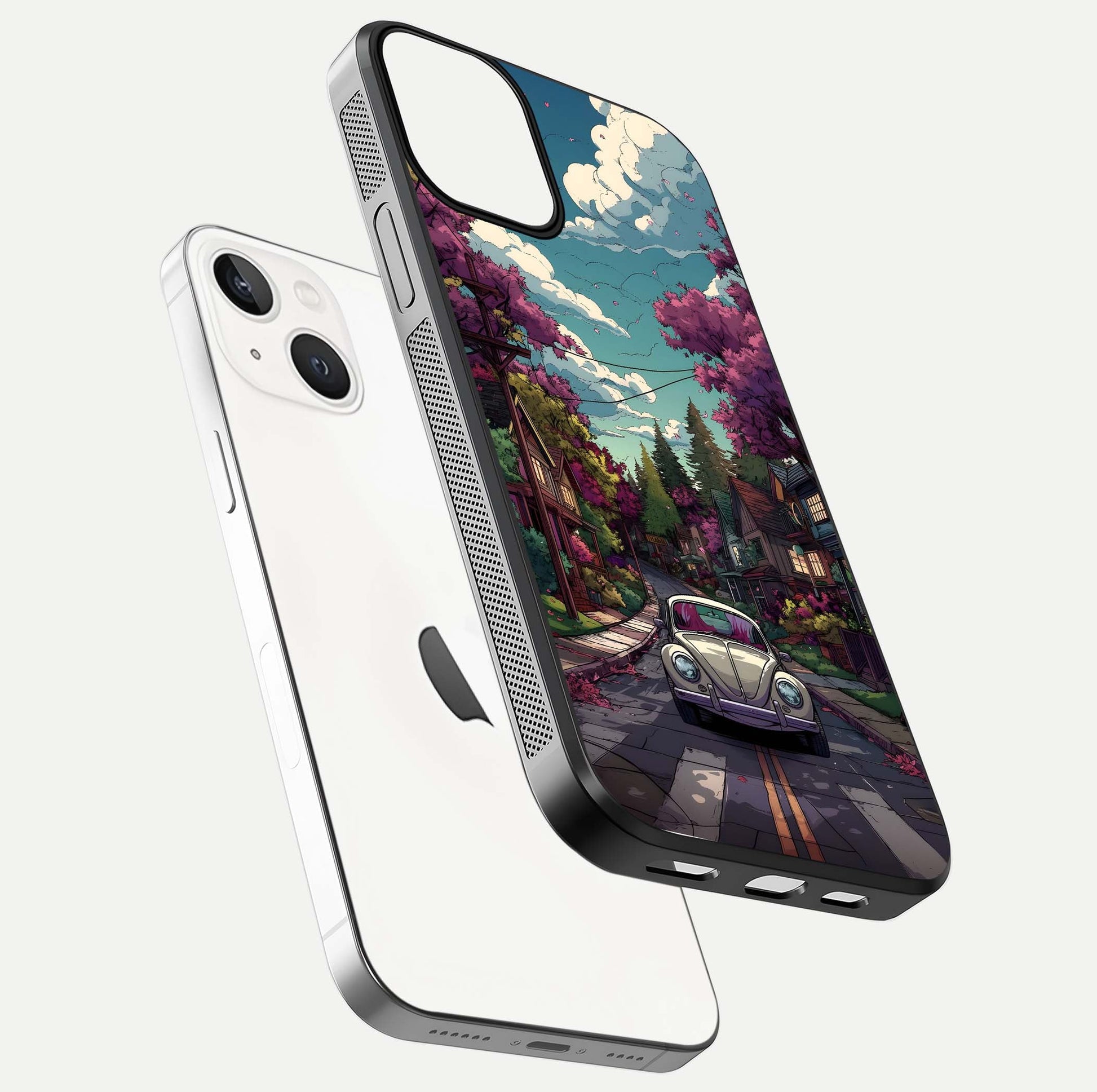 Vintage Street Drive Glass Case for iPhone 13 Mini floating dual-view mockup displaying gloss shine and texture