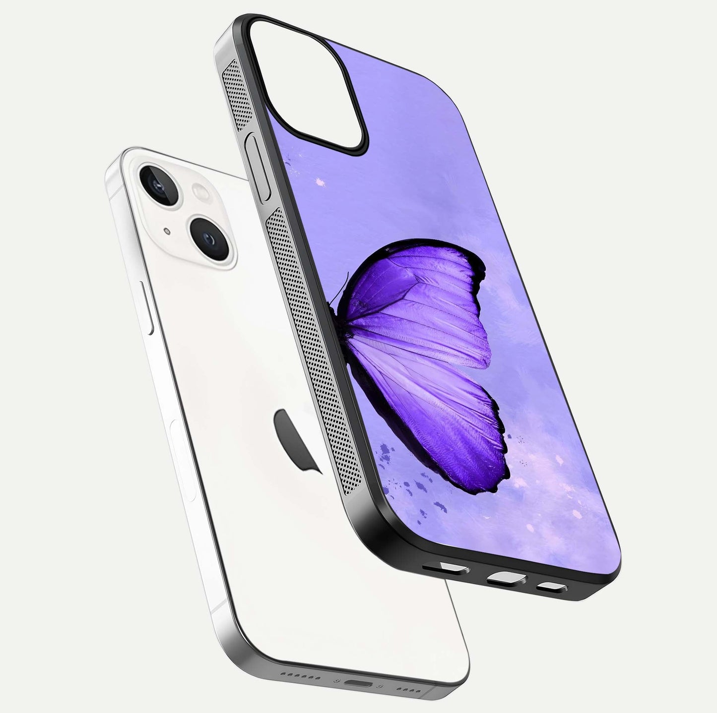 Violet Dream Wing Glass Case for iPhone 13 Mini floating dual-view mockup displaying gloss depth and clarity