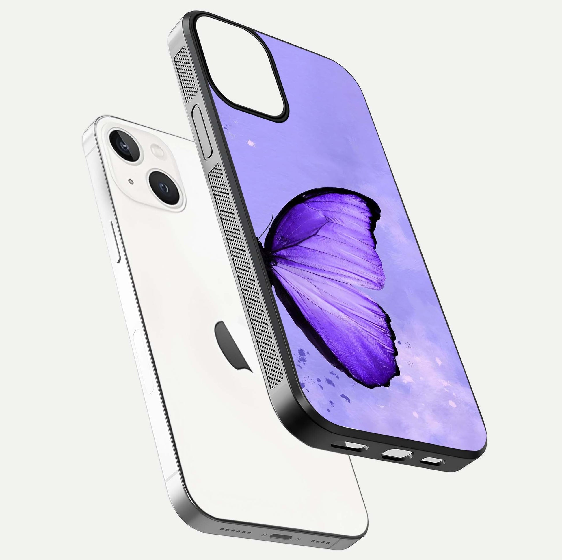 Violet Dream Wing Glass Case for iPhone 13 Mini floating dual-view mockup displaying gloss depth and clarity