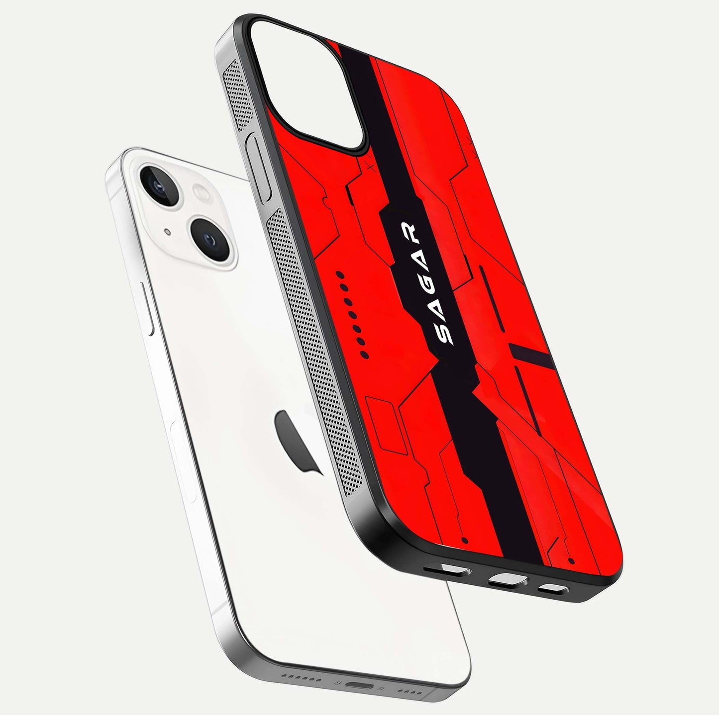 Voltage Rise CYBERPUNK Custom Name Glass Case for iPhone 13 Mini floating dual-view mockup displaying gloss shine and lighting